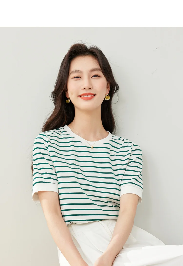VIMLY Contrast Color Striped Short Sleeve Women's T-shirt 2026 Summer Simple Loose Casual Round Neck Cotton Knit Top M6563