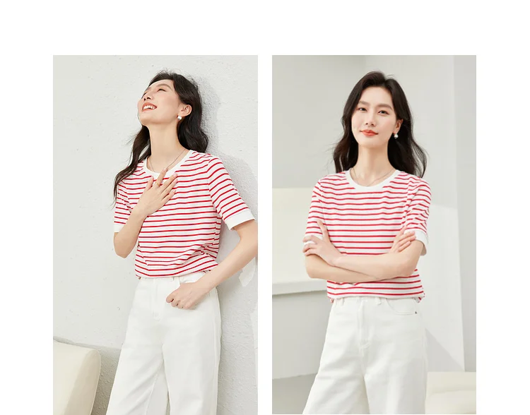 VIMLY Contrast Color Striped Short Sleeve Women's T-shirt 2026 Summer Simple Loose Casual Round Neck Cotton Knit Top M6563
