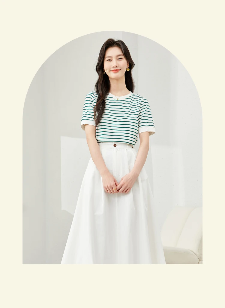 VIMLY Contrast Color Striped Short Sleeve Women's T-shirt 2026 Summer Simple Loose Casual Round Neck Cotton Knit Top M6563