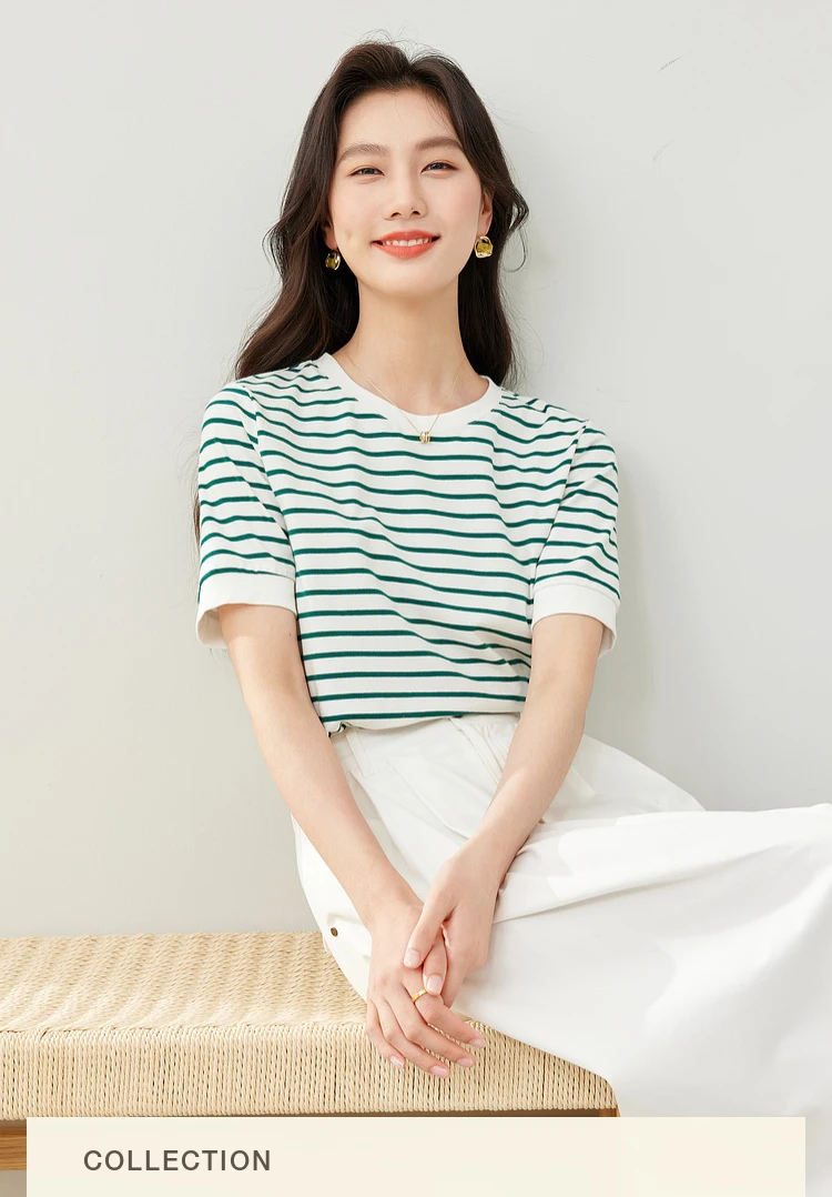 VIMLY Contrast Color Striped Short Sleeve Women's T-shirt 2026 Summer Simple Loose Casual Round Neck Cotton Knit Top M6563