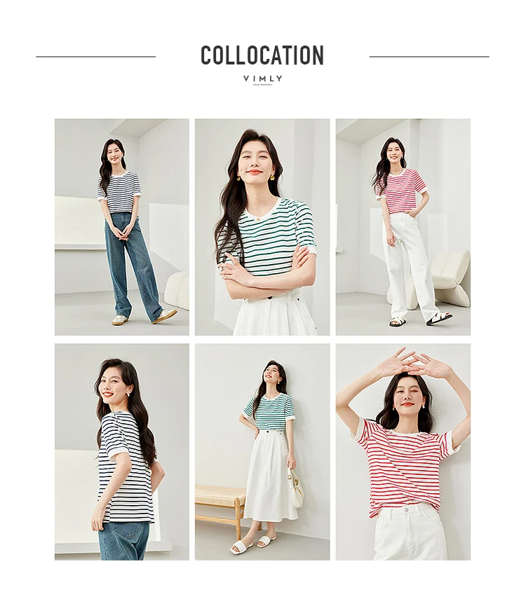 VIMLY Contrast Color Striped Short Sleeve Women's T-shirt 2026 Summer Simple Loose Casual Round Neck Cotton Knit Top M6563