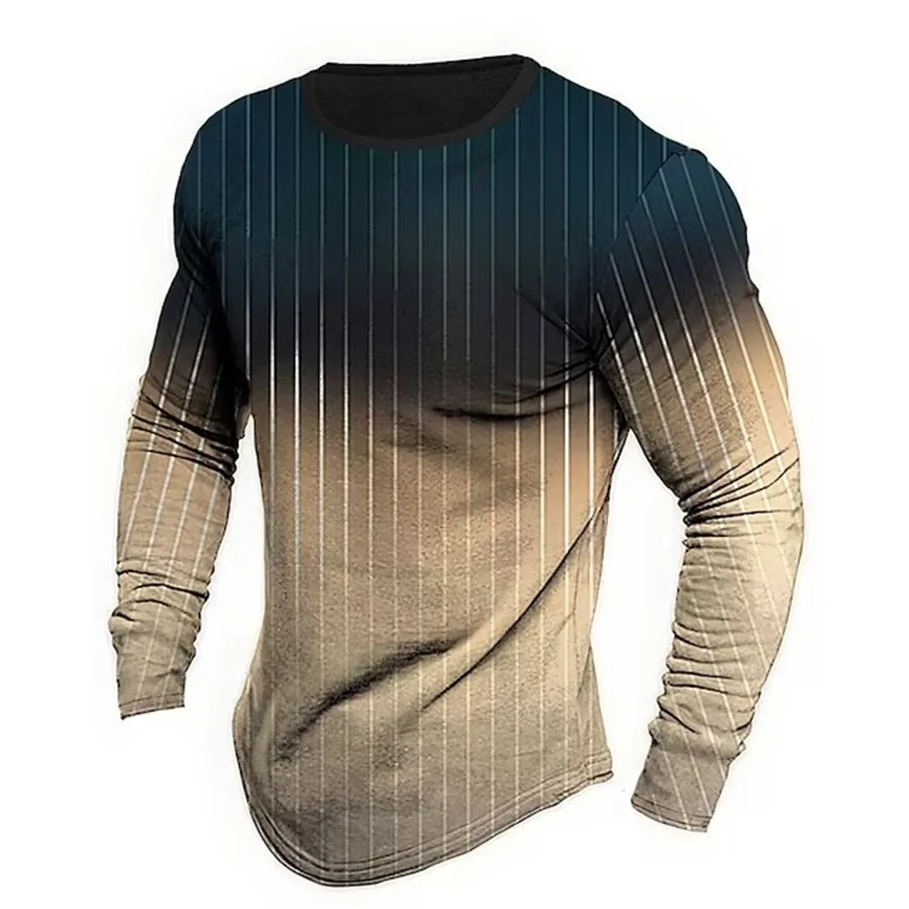 Long Sleeved Round Neck T Shirt Spring/Autumn Color Block Striped Retro Men's 3D Printed T-shirt Pattern Outdoor Daily Vacation
