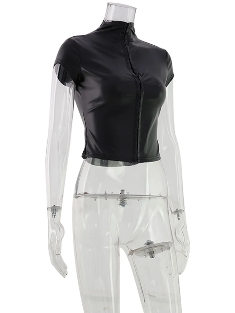 CNYISHE PU Leather Button Solid Short Sleeve Women Tops Sheath Fashion High Collar Blouse Fitness Female Sexy Club Tees Chic