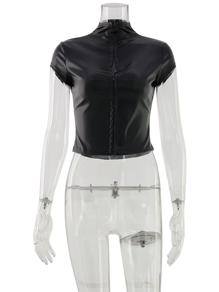 CNYISHE PU Leather Button Solid Short Sleeve Women Tops Sheath Fashion High Collar Blouse Fitness Female Sexy Club Tees Chic
