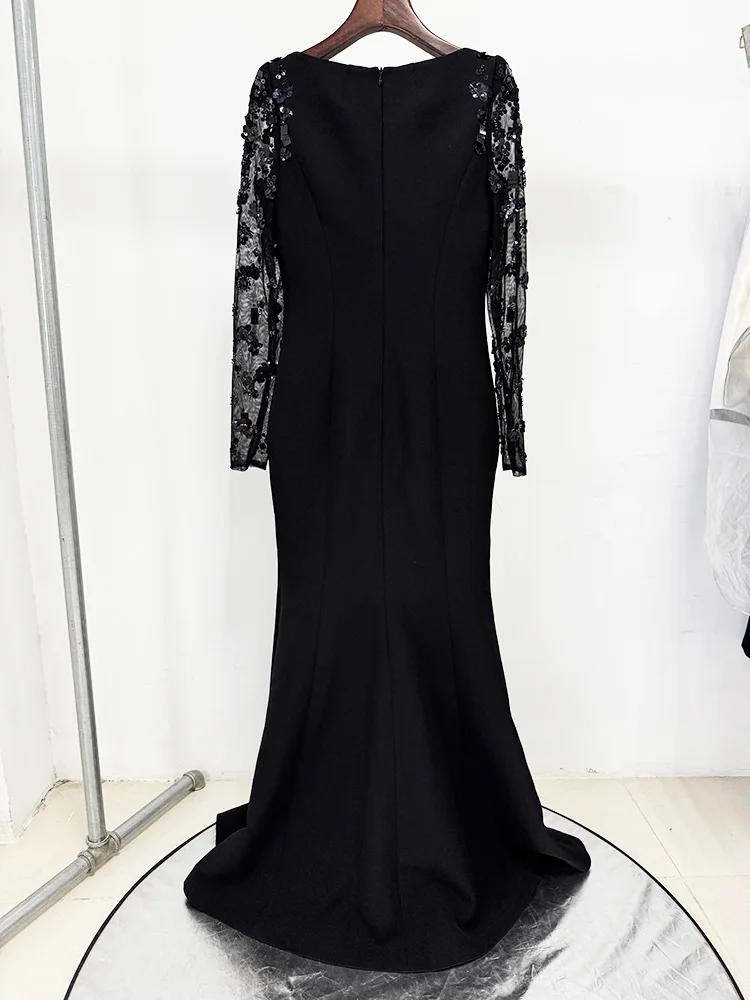 HIGH STREET Newest Fashion 2026 Designer Party Vestido Women's Spliced Mesh Diamonds Beaded Long Sleeved Maxi Long Dress