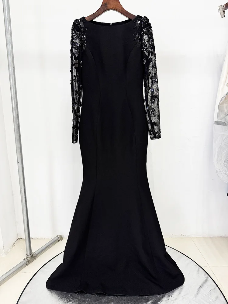 HIGH STREET Newest Fashion 2026 Designer Party Vestido Women's Spliced Mesh Diamonds Beaded Long Sleeved Maxi Long Dress