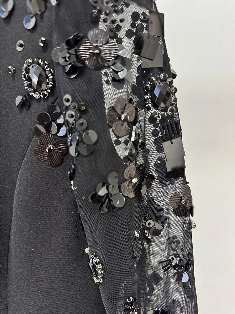 HIGH STREET Newest Fashion 2026 Designer Party Vestido Women's Spliced Mesh Diamonds Beaded Long Sleeved Maxi Long Dress