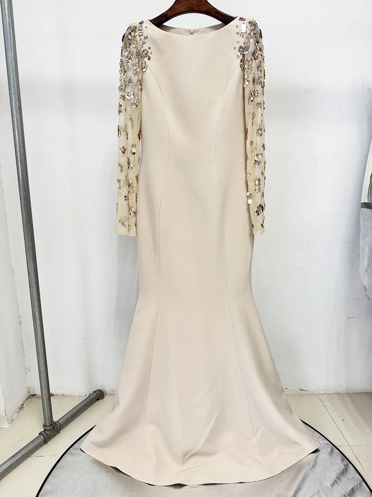 HIGH STREET Newest Fashion 2026 Designer Party Vestido Women's Spliced Mesh Diamonds Beaded Long Sleeved Maxi Long Dress