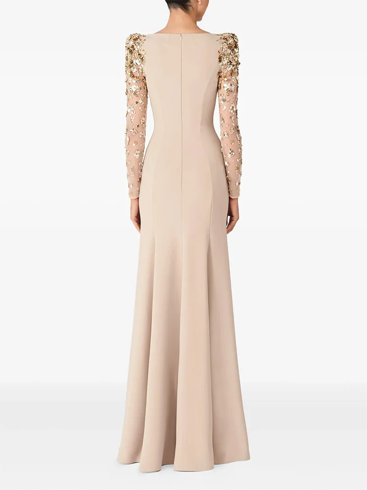 HIGH STREET Newest Fashion 2026 Designer Party Vestido Women's Spliced Mesh Diamonds Beaded Long Sleeved Maxi Long Dress