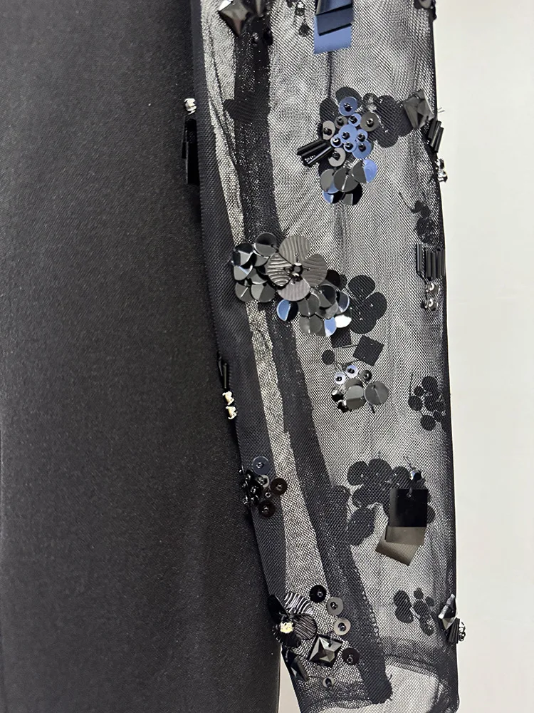 HIGH STREET Newest Fashion 2026 Designer Party Vestido Women's Spliced Mesh Diamonds Beaded Long Sleeved Maxi Long Dress