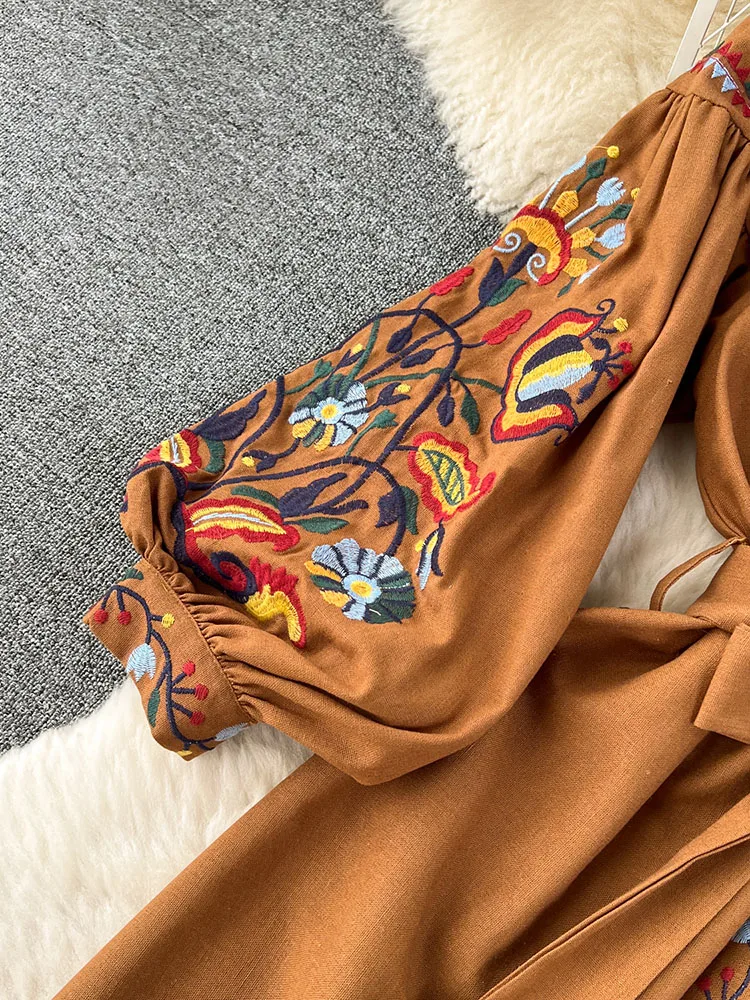 Women Spring Autumn Dress Vintage Ethnic Style Lantern Long Sleeve Embroidered Round Neck Slim A-line Cotton Linen Dress D4930