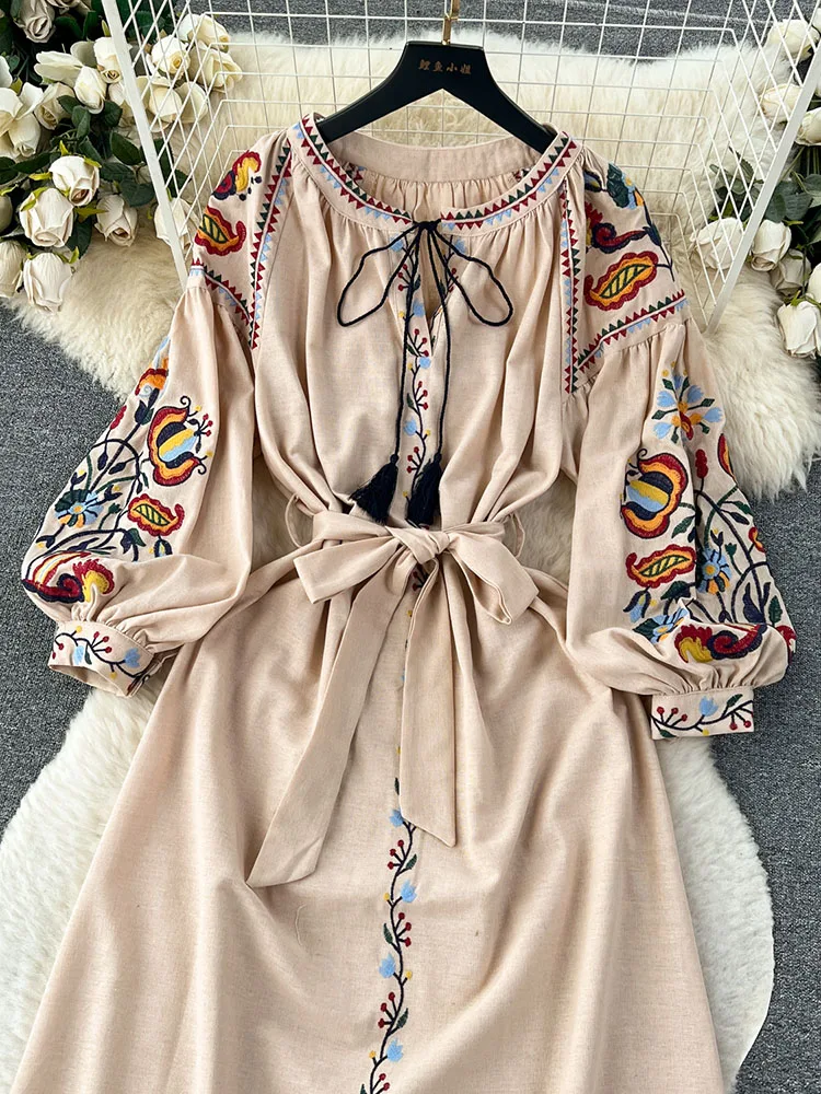 Women Spring Autumn Dress Vintage Ethnic Style Lantern Long Sleeve Embroidered Round Neck Slim A-line Cotton Linen Dress D4930