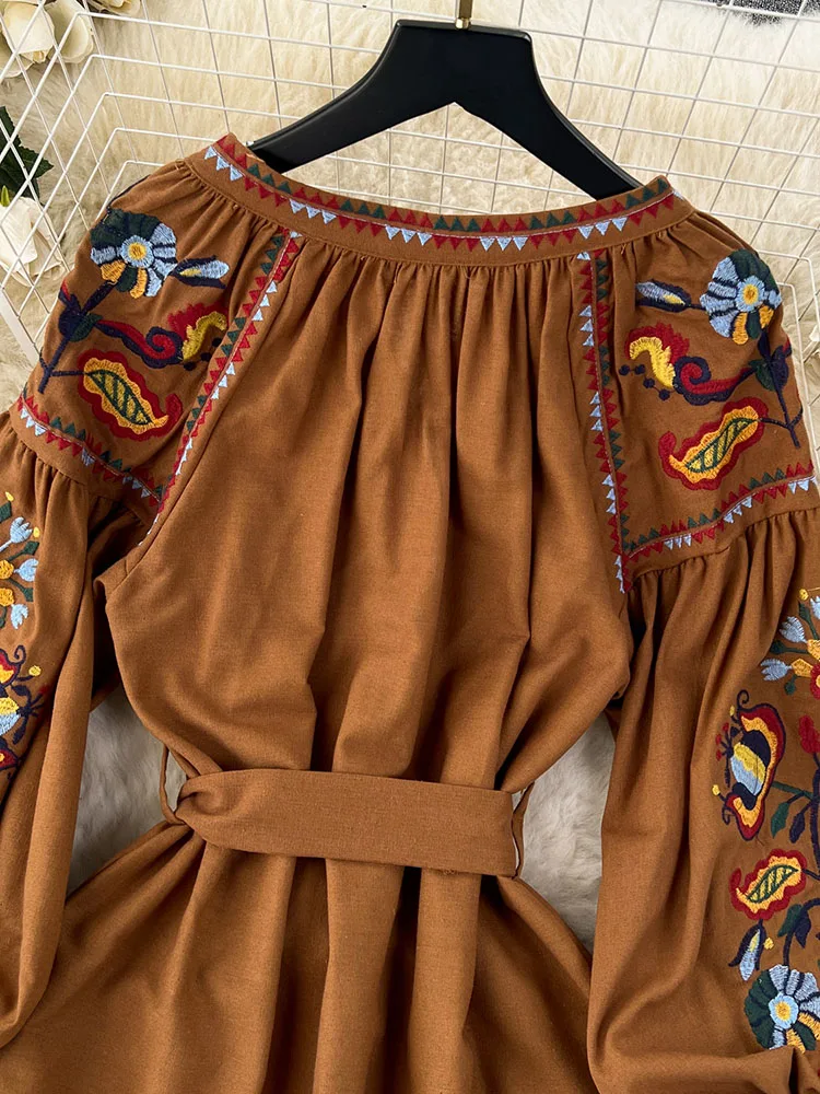 Women Spring Autumn Dress Vintage Ethnic Style Lantern Long Sleeve Embroidered Round Neck Slim A-line Cotton Linen Dress D4930