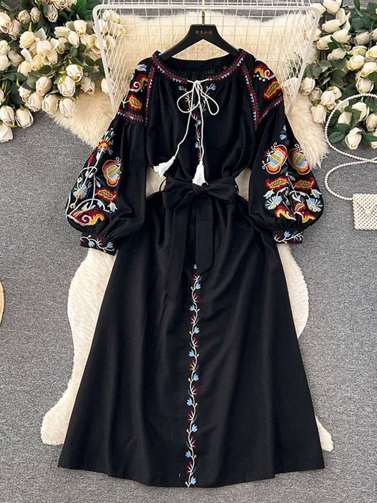 Women Spring Autumn Dress Vintage Ethnic Style Lantern Long Sleeve Embroidered Round Neck Slim A-line Cotton Linen Dress D4930