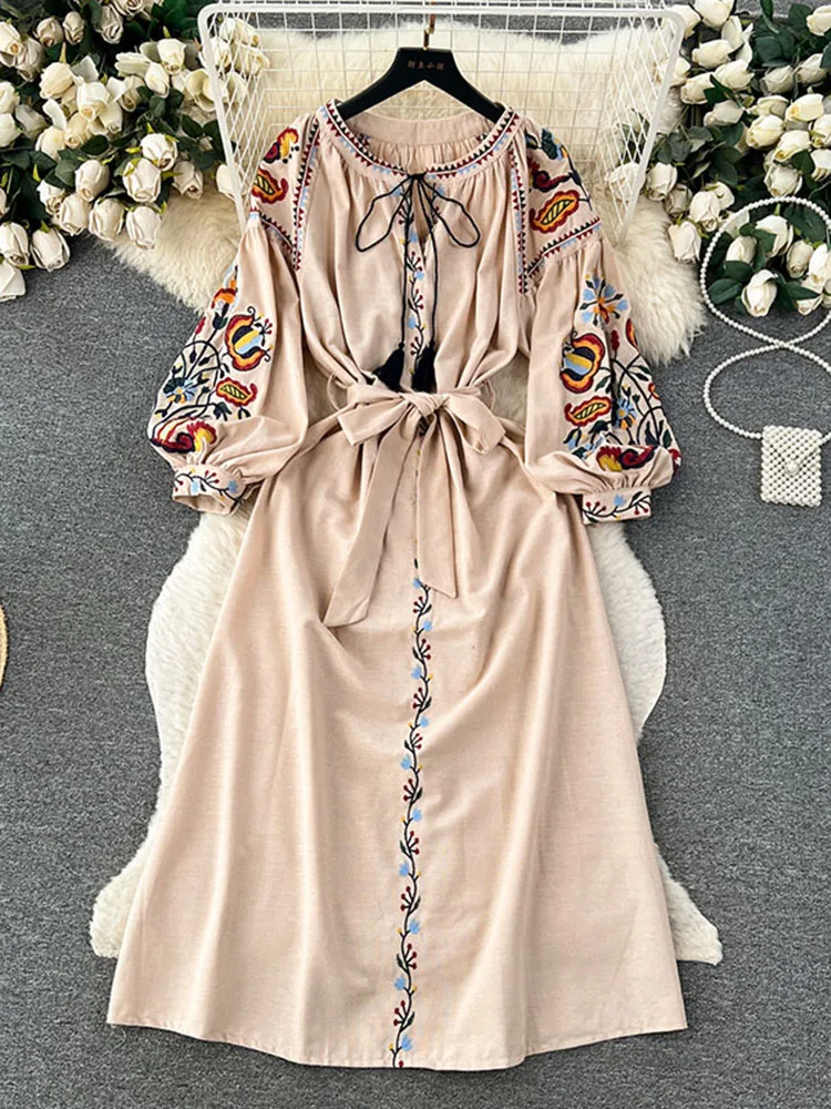 Women Spring Autumn Dress Vintage Ethnic Style Lantern Long Sleeve Embroidered Round Neck Slim A-line Cotton Linen Dress D4930