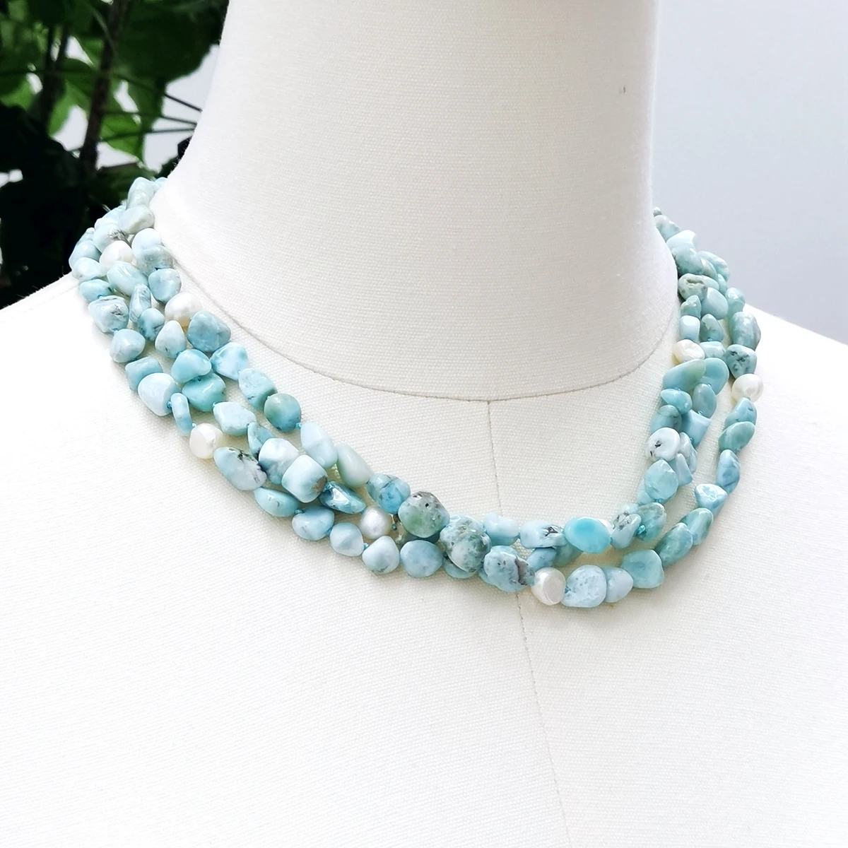 Lii Ji Blue Statement Necklace Larimar Dominica Stone 51cm Pearl Necklace 3rows Stock Sale Women Necklace