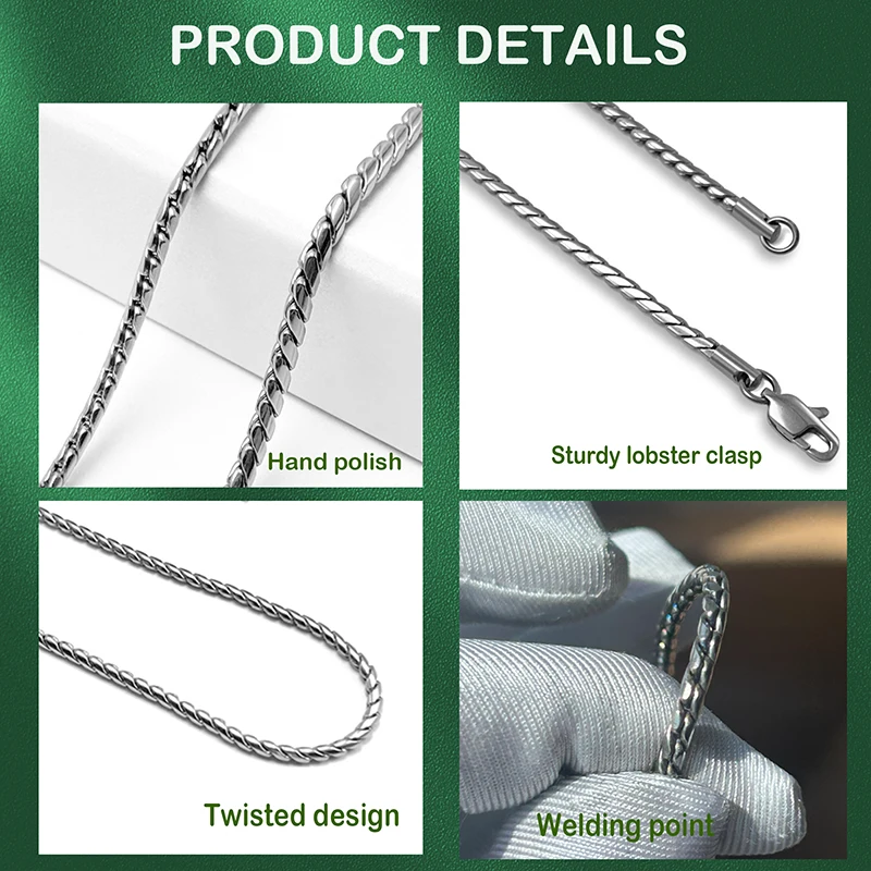 Pure Titanium Twisted Rope Chain Necklace 2.5mm Hypoallergenic Unisex Fashion