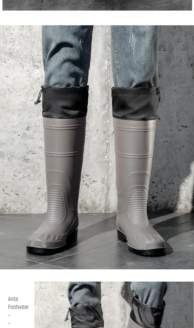 Black High-Top Men's Rain Boots, Adjustable Drawstring Long Boots, Wear-Resistant, Non-Slip, Outdoor Fishing Waterproof Boots, Farm Work Rain Boots, Pvc Water Boots