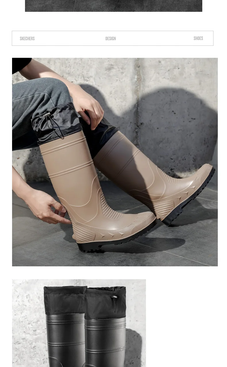Black High-Top Men's Rain Boots, Adjustable Drawstring Long Boots, Wear-Resistant, Non-Slip, Outdoor Fishing Waterproof Boots, Farm Work Rain Boots, Pvc Water Boots