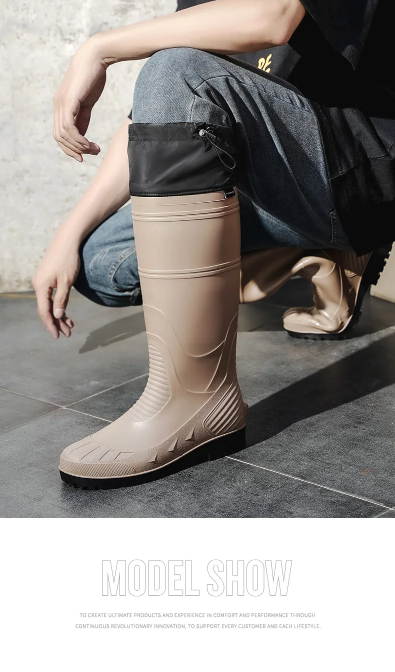Black High-Top Men's Rain Boots, Adjustable Drawstring Long Boots, Wear-Resistant, Non-Slip, Outdoor Fishing Waterproof Boots, Farm Work Rain Boots, Pvc Water Boots