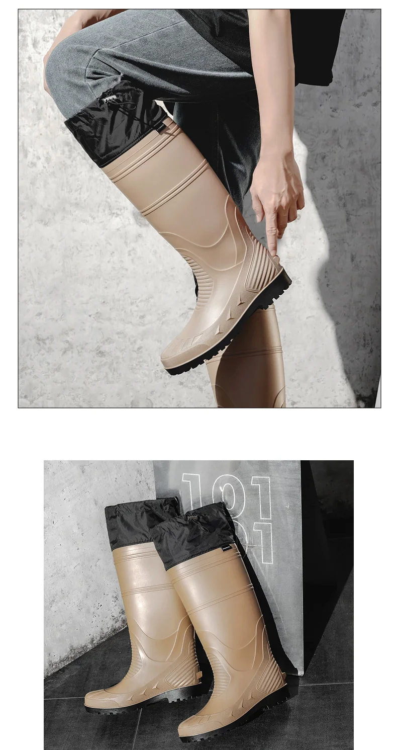 Black High-Top Men's Rain Boots, Adjustable Drawstring Long Boots, Wear-Resistant, Non-Slip, Outdoor Fishing Waterproof Boots, Farm Work Rain Boots, Pvc Water Boots