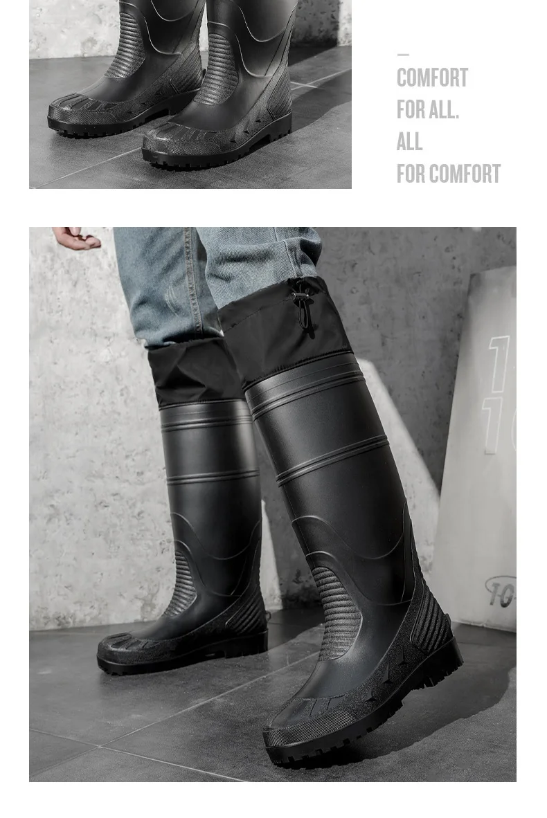 Black High-Top Men's Rain Boots, Adjustable Drawstring Long Boots, Wear-Resistant, Non-Slip, Outdoor Fishing Waterproof Boots, Farm Work Rain Boots, Pvc Water Boots