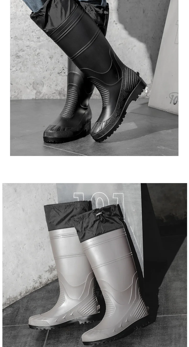 Black High-Top Men's Rain Boots, Adjustable Drawstring Long Boots, Wear-Resistant, Non-Slip, Outdoor Fishing Waterproof Boots, Farm Work Rain Boots, Pvc Water Boots