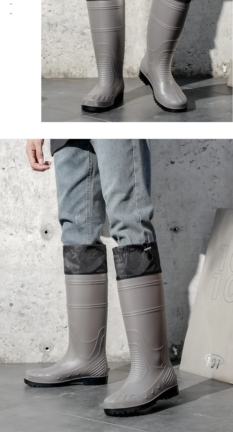 Black High-Top Men's Rain Boots, Adjustable Drawstring Long Boots, Wear-Resistant, Non-Slip, Outdoor Fishing Waterproof Boots, Farm Work Rain Boots, Pvc Water Boots