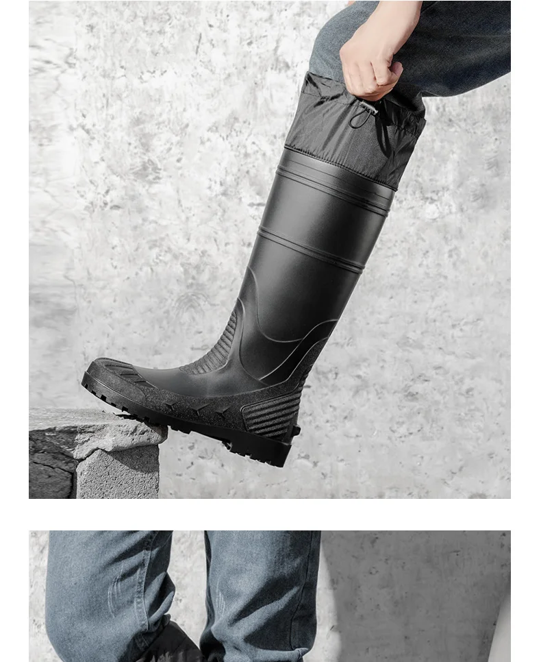 Black High-Top Men's Rain Boots, Adjustable Drawstring Long Boots, Wear-Resistant, Non-Slip, Outdoor Fishing Waterproof Boots, Farm Work Rain Boots, Pvc Water Boots