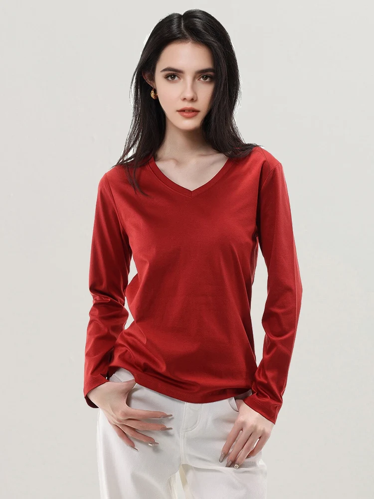 SuyaDream Women Solid T Shirts Silk Cotton Blend Plain O Neck Long Sleeved Tee 2025 Spring Autumn Basic Top White Black