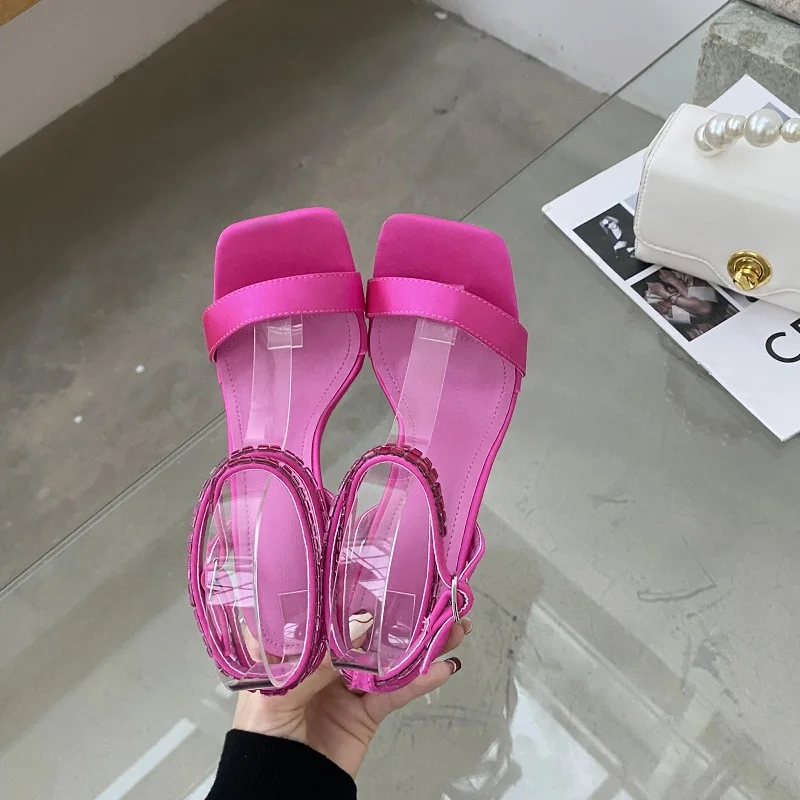 Eilyken Summer Crystal Embellished High Heel Sandals Women Diamond Open Toe Ankle Strap Silk Satin Rhinestone Banquet Shoes