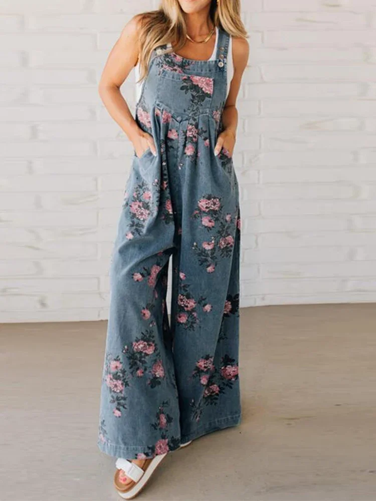 Summer Floral Printed Sleeveless Jumpsuit Women Casual Pocket Multicolor Overalls Square Wide Pants Jumpsuit Women Playsuits