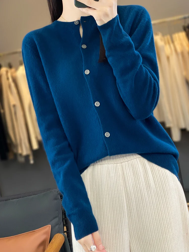 100% Merino Wool Sweater Women O-Neck Cardigan Basic Style Buttoned Knitwear Female Casual Autumn Winter Soft Tops