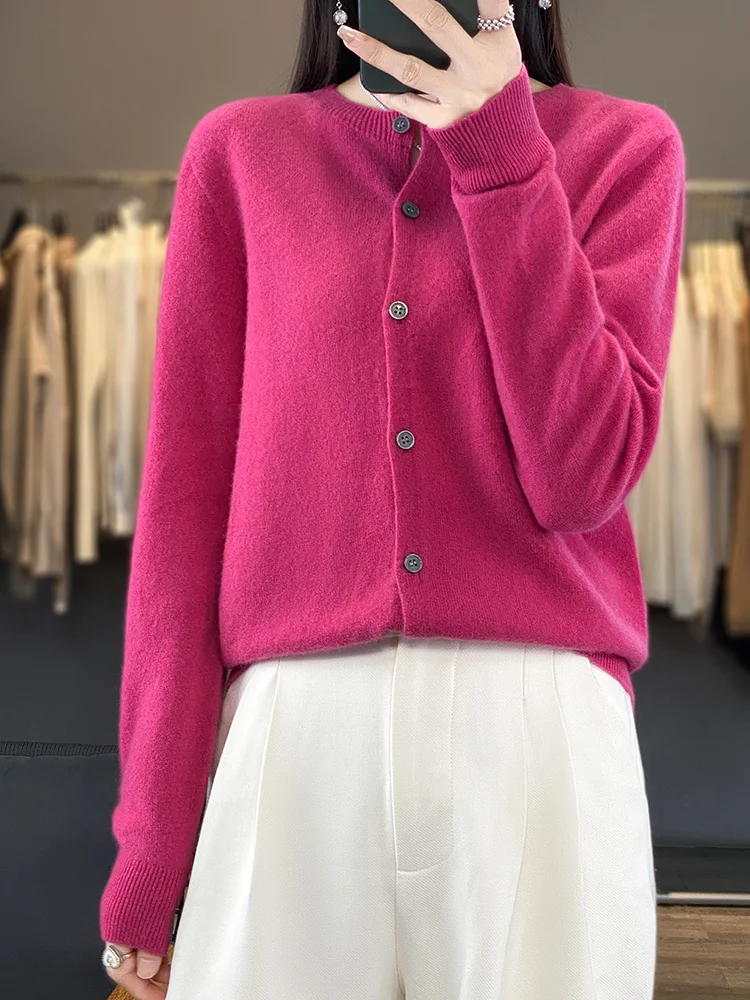 100% Merino Wool Sweater Women O-Neck Cardigan Basic Style Buttoned Knitwear Female Casual Autumn Winter Soft Tops