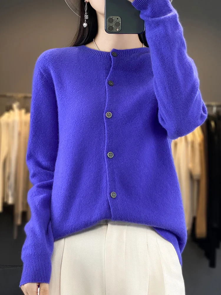 100% Merino Wool Sweater Women O-Neck Cardigan Basic Style Buttoned Knitwear Female Casual Autumn Winter Soft Tops