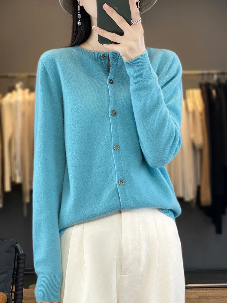 100% Merino Wool Sweater Women O-Neck Cardigan Basic Style Buttoned Knitwear Female Casual Autumn Winter Soft Tops