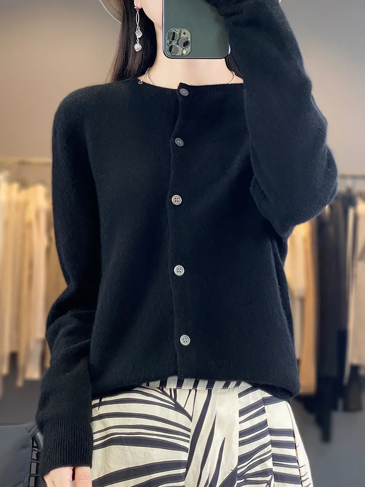 100% Merino Wool Sweater Women O-Neck Cardigan Basic Style Buttoned Knitwear Female Casual Autumn Winter Soft Tops