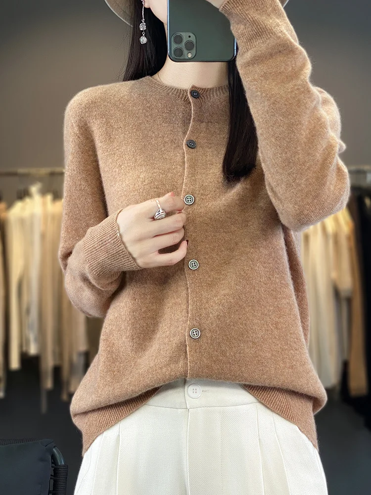 100% Merino Wool Sweater Women O-Neck Cardigan Basic Style Buttoned Knitwear Female Casual Autumn Winter Soft Tops