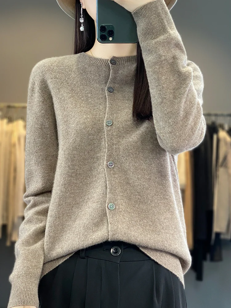 100% Merino Wool Sweater Women O-Neck Cardigan Basic Style Buttoned Knitwear Female Casual Autumn Winter Soft Tops