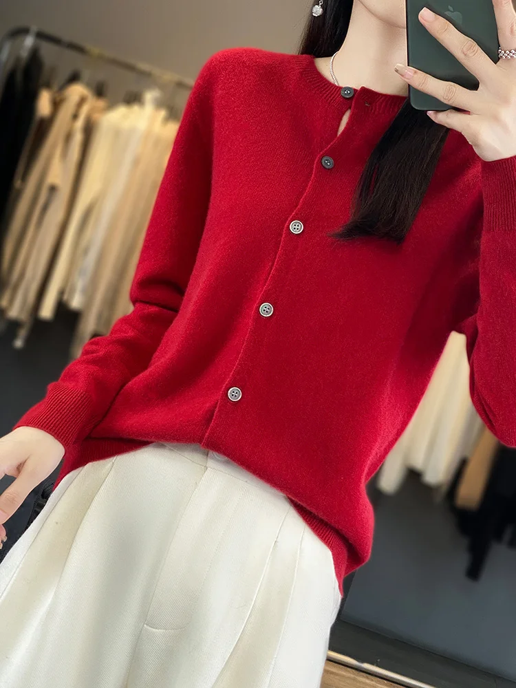100% Merino Wool Sweater Women O-Neck Cardigan Basic Style Buttoned Knitwear Female Casual Autumn Winter Soft Tops
