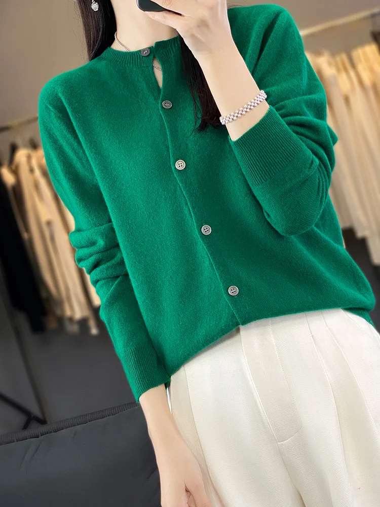 100% Merino Wool Sweater Women O-Neck Cardigan Basic Style Buttoned Knitwear Female Casual Autumn Winter Soft Tops