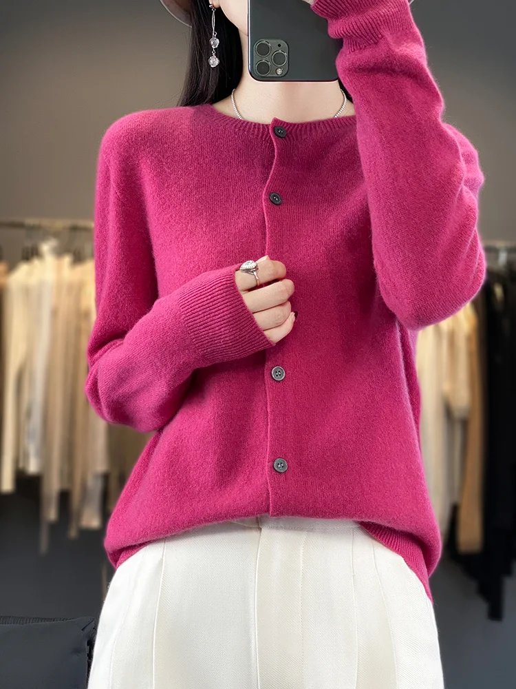 100% Merino Wool Sweater Women O-Neck Cardigan Basic Style Buttoned Knitwear Female Casual Autumn Winter Soft Tops