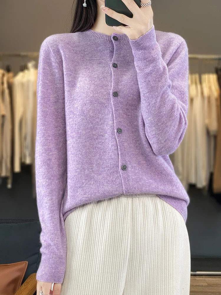 100% Merino Wool Sweater Women O-Neck Cardigan Basic Style Buttoned Knitwear Female Casual Autumn Winter Soft Tops