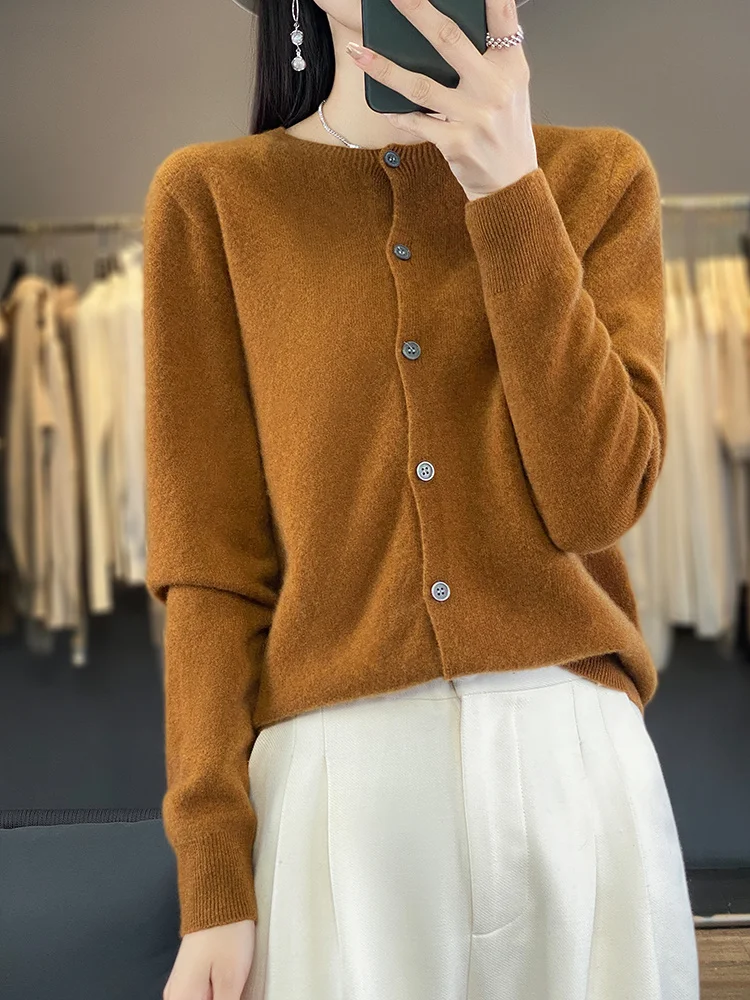 100% Merino Wool Sweater Women O-Neck Cardigan Basic Style Buttoned Knitwear Female Casual Autumn Winter Soft Tops
