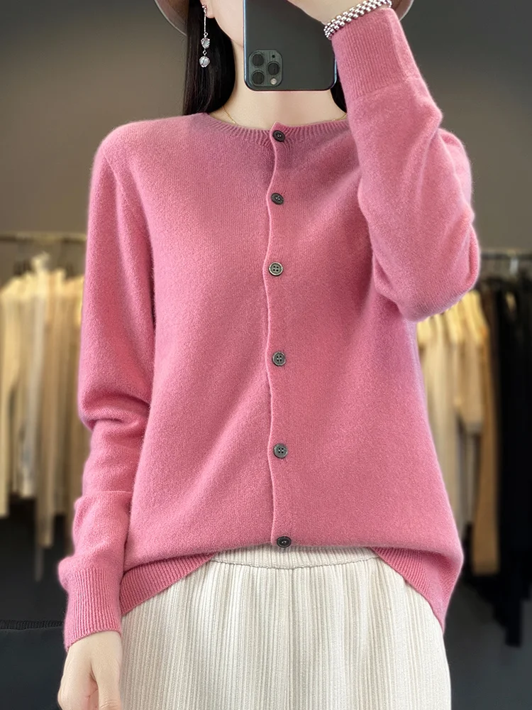 100% Merino Wool Sweater Women O-Neck Cardigan Basic Style Buttoned Knitwear Female Casual Autumn Winter Soft Tops