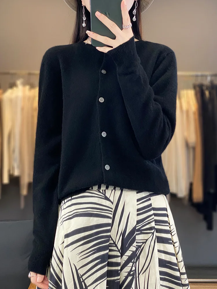 100% Merino Wool Sweater Women O-Neck Cardigan Basic Style Buttoned Knitwear Female Casual Autumn Winter Soft Tops