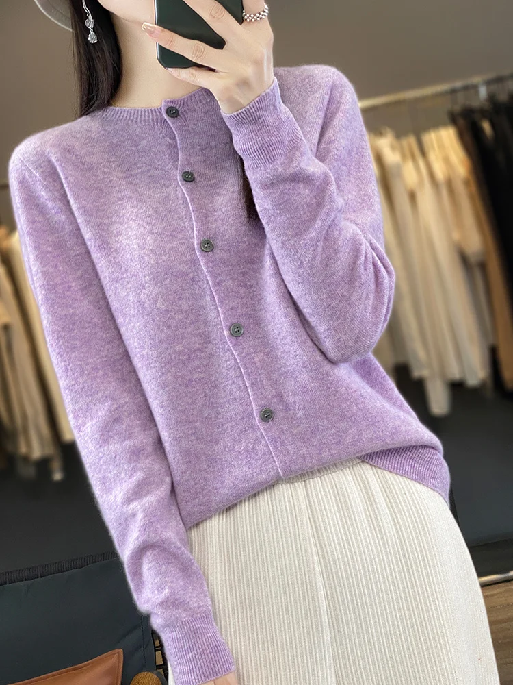 100% Merino Wool Sweater Women O-Neck Cardigan Basic Style Buttoned Knitwear Female Casual Autumn Winter Soft Tops