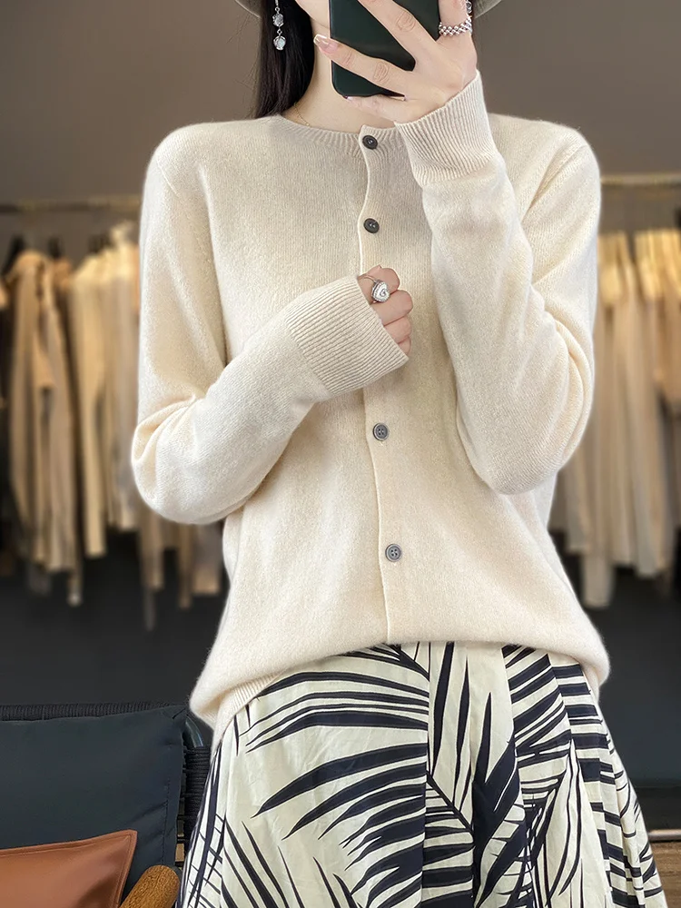 100% Merino Wool Sweater Women O-Neck Cardigan Basic Style Buttoned Knitwear Female Casual Autumn Winter Soft Tops