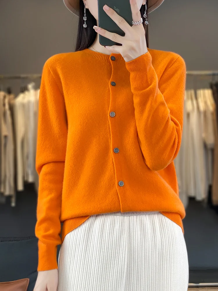 100% Merino Wool Sweater Women O-Neck Cardigan Basic Style Buttoned Knitwear Female Casual Autumn Winter Soft Tops