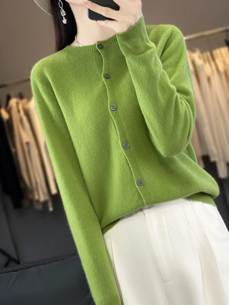100% Merino Wool Sweater Women O-Neck Cardigan Basic Style Buttoned Knitwear Female Casual Autumn Winter Soft Tops
